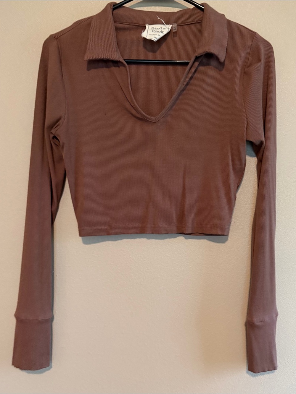 Style Rack Cropped Ribbed Polo Top in Chocolate Brown